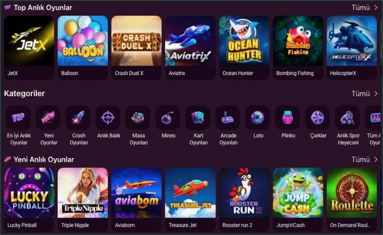 Anlık oyunlar vitrininde JetX, Balloon ve Crash Duel X öne çıkıyor; altta Mines, Plinko ve Çarklar simgeleri ile Lucky Pinball, Aviabom, Roulette satırı var
