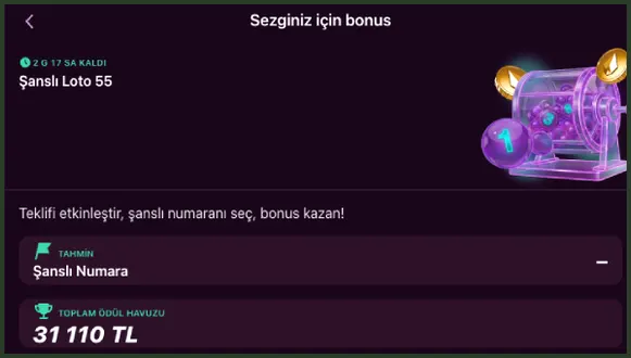 Şanslı Loto etkinliği Sezginiz için bonus sayfasında Şanslı Loto 55, 2 G 17 SA KALDI geri sayımı, Şanslı Numara tahmin kutusu ve 31 110 TL ödül havuzu görünüyor