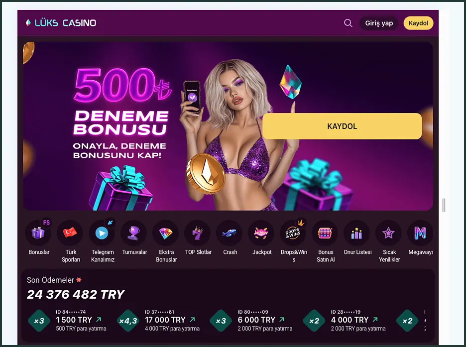 Deneme bonusu ana sayfa Tarayıcıda açılan ana sayfada 500₺ deneme bonusu afişi, kısayol sırası ve Son Ödemeler başlığı altında 6 000 TRY tutarlı bir kart yer alıyor