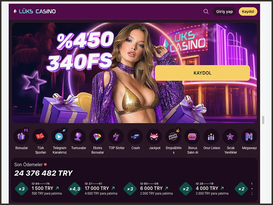 Son Ödemeler paneli Geniş ana sayfada %450 340FS afişinin altında Son Ödemeler paneli 24 376 482 TRY toplamını ve 1 500 TRY'lik bir ödeme kartını gösteriyor