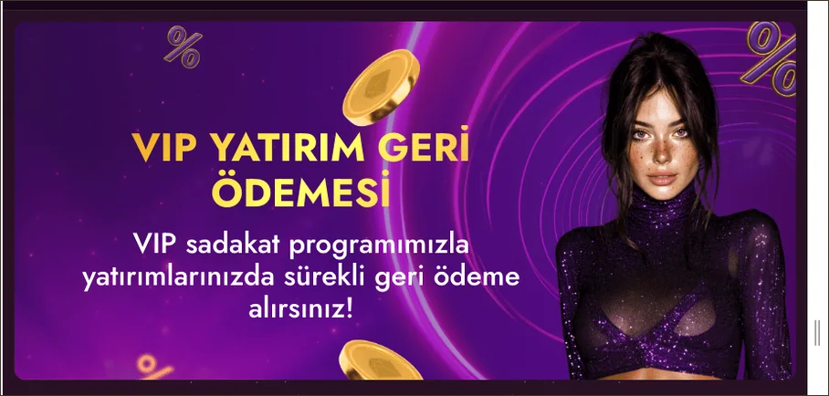 Kaydırılabilir VIP tanıtımı Koyu çerçeveli VIP YATIRIM GERİ ÖDEMESİ tanıtımı sağ kenarda kaydırma çubuğu gösteriyor; arka planda yüzde simgeleri ve altın paralar dizilmiş