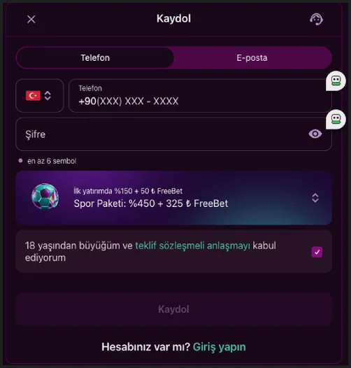 Telefon alanı yakın plan Kaydol formunun yakın çekiminde Türk bayraklı ülke seçici, +90(XXX) XXX - XXXX telefon alanı, Spor Paketi satırı ve altta Kaydol düğmesi bulunuyor