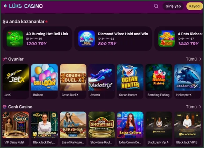 Casino lobisinin Şu anda kazananlar şeridinde 1200, 800 ve 1440 TRY görünüyor; aşağıda JetX, Balloon ve Aviatrix'li Oyunlar ile Canlı Casino satırı sürüyor