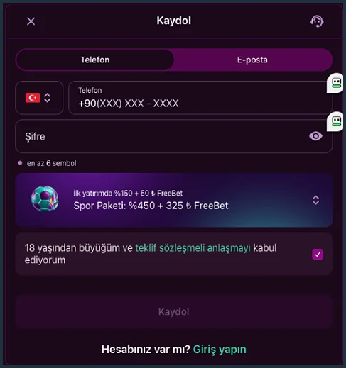 Spor paketi seçimi Kaydol penceresinin Telefon sekmesinde Spor Paketi: %450 + 325 ₺ FreeBet seçili, ilk yatırım satırı %150 + 50 ₺ FreeBet, 18 yaş onay kutusu işaretli