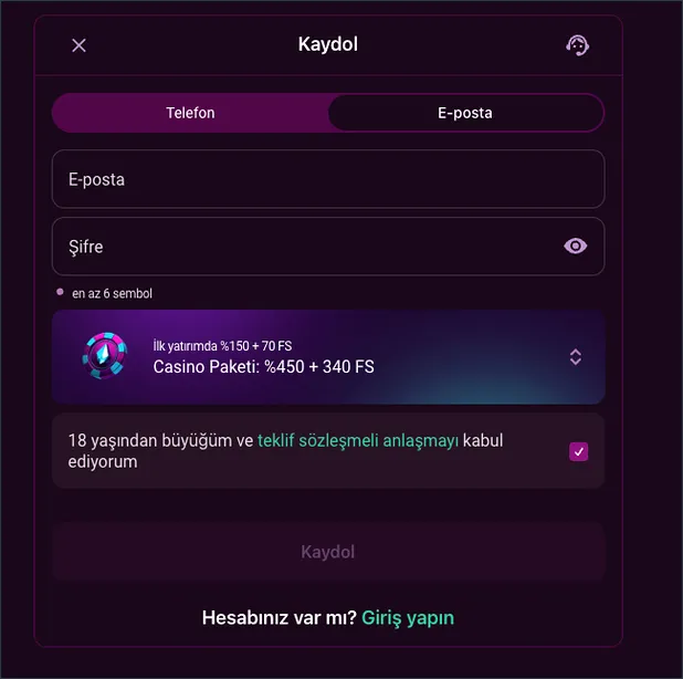 Casino paketi seçimi E-posta sekmesindeki kayıt formunda Casino Paketi için %450 + 340 FS seçeneği işaretli ve 18+ onay kutusu formun altında duruyor