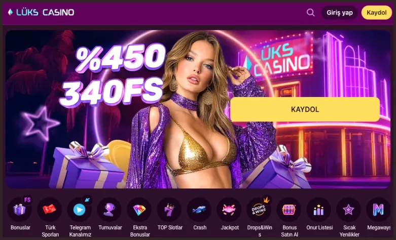 Lüks Casino ana sayfasının üstünde logo, Giriş yap ile Kaydol düğmeleri, %450 340FS karşılama afişi ve Bonuslar, Türk Sporları, Telegram Kanalımız kısayolları sıralanıyor