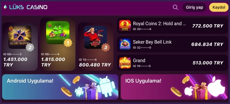 Kazananlar ve uygulama Kazananlar sıralamasında podyum 1.815.000, 1.451.000 ve 800.480 TRY gösterir; listede 772.500, 684.834 ve 513.000 TRY, en altta Android ve IOS Uygulama! afişleri durur