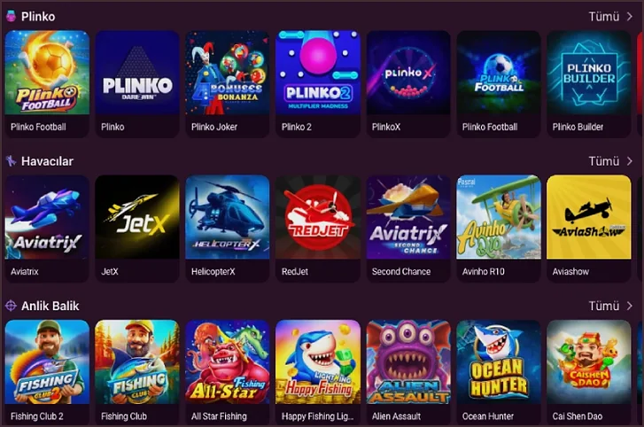 Plinko ve Havacılar Oyun lobisinde üç satır görünüyor: Plinko Football ile Plinko Builder'ın bulunduğu Plinko, Aviatrix ve JetX'li Havacılar, Fishing Club ile Ocean Hunter'lı Anlık Balık