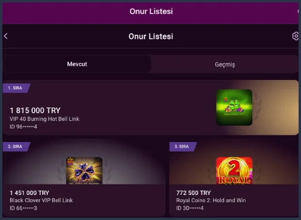 Onur Listesi sıralaması Onur Listesi Mevcut sekmesinde birinci sıra VIP 40 Burning Hot Bell Link ile 1 815 000 TRY, ikinci 1 451 000 TRY, üçüncü 772 500 TRY