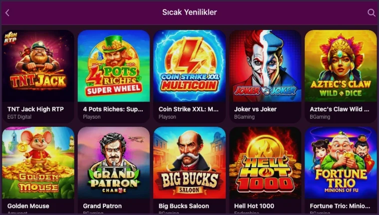 Sıcak Yenilikler listesi Sıcak Yenilikler kategorisi bir oyun listesi açıyor: TNT Jack High RTP, Coin Strike XXL, Joker vs Joker, Golden Mouse ve Hell Hot 1000 gibi başlıklar