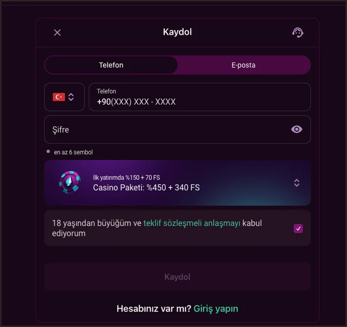 Kayıt formunun Telefon sekmesinde +90 numara girişi, şifre kutusu ve altında Casino Paketi bonus seçimi art arda sıralanıyor