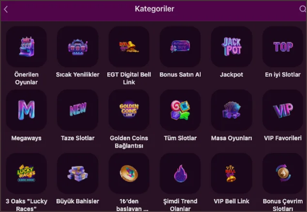 Slot kategori simgeleri Oyun kategorilerinde Sıcak Yenilikler, Bonus Satın Al, En iyi Slotlar, Taze Slotlar, Tüm Slotlar, Masa Oyunları ve Bonus Çevrim Slotları kutucukları yan yana duruyor