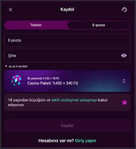 E-posta sekmesindeki Kaydol penceresinde E-posta ve Şifre kutuları, İlk yatırımda %150 + 70 FS notu ve altta Hesabınız var mı? Giriş yapın bağlantısı görünüyor