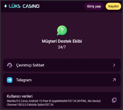 Telefondaki destek sayfasında Müşteri Destek Ekibi 24/7 başlığı, Çevrimiçi Sohbet ile Telegram satırları ve Kullanıcı verileri kutusu yer alıyor