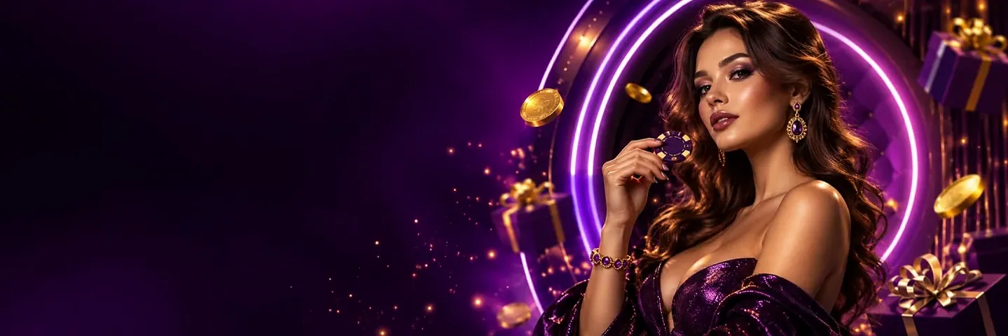 Lux Casino bannerı: neon çemberin önünde casino fişi tutan dalgalı saçlı kadın, çevresinde altın paralar